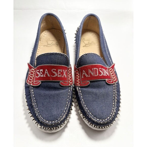 Christian Louboutin Loafers "Sea Sex and Sun" Red & Blue Denim Spikes Sz 35 5 - Picture 1 of 9
